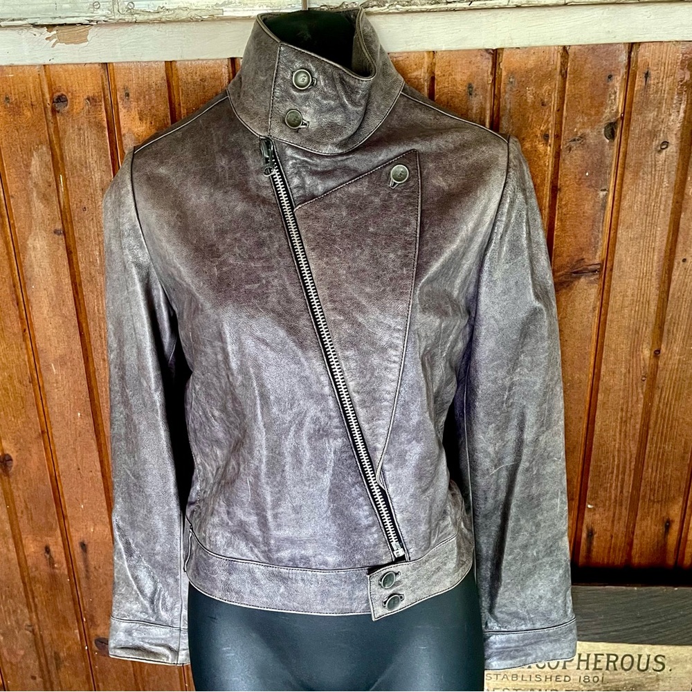 Designer Moto biker leather Jacket Distressed Futuristic Runway Motorcycle 36 XS